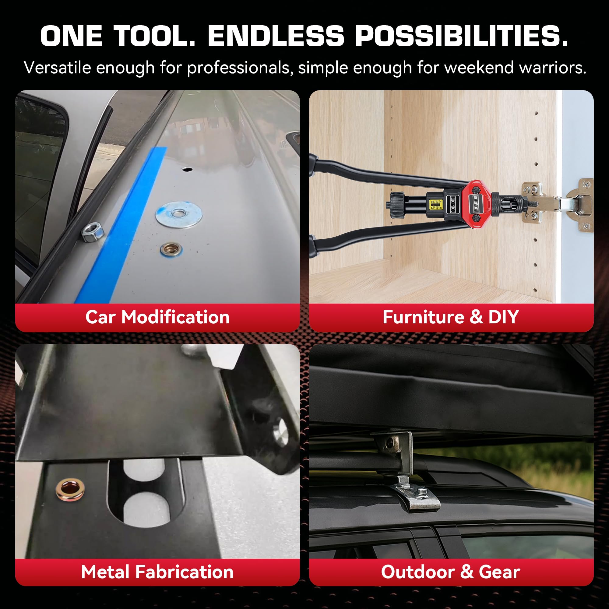 KOOPOOL tool installing a rivet nut in a car panel for practical application