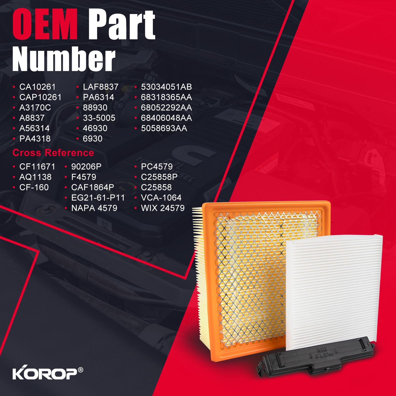 KOROP cabin air filter front view illustrating particle-trapping benefit for occupants