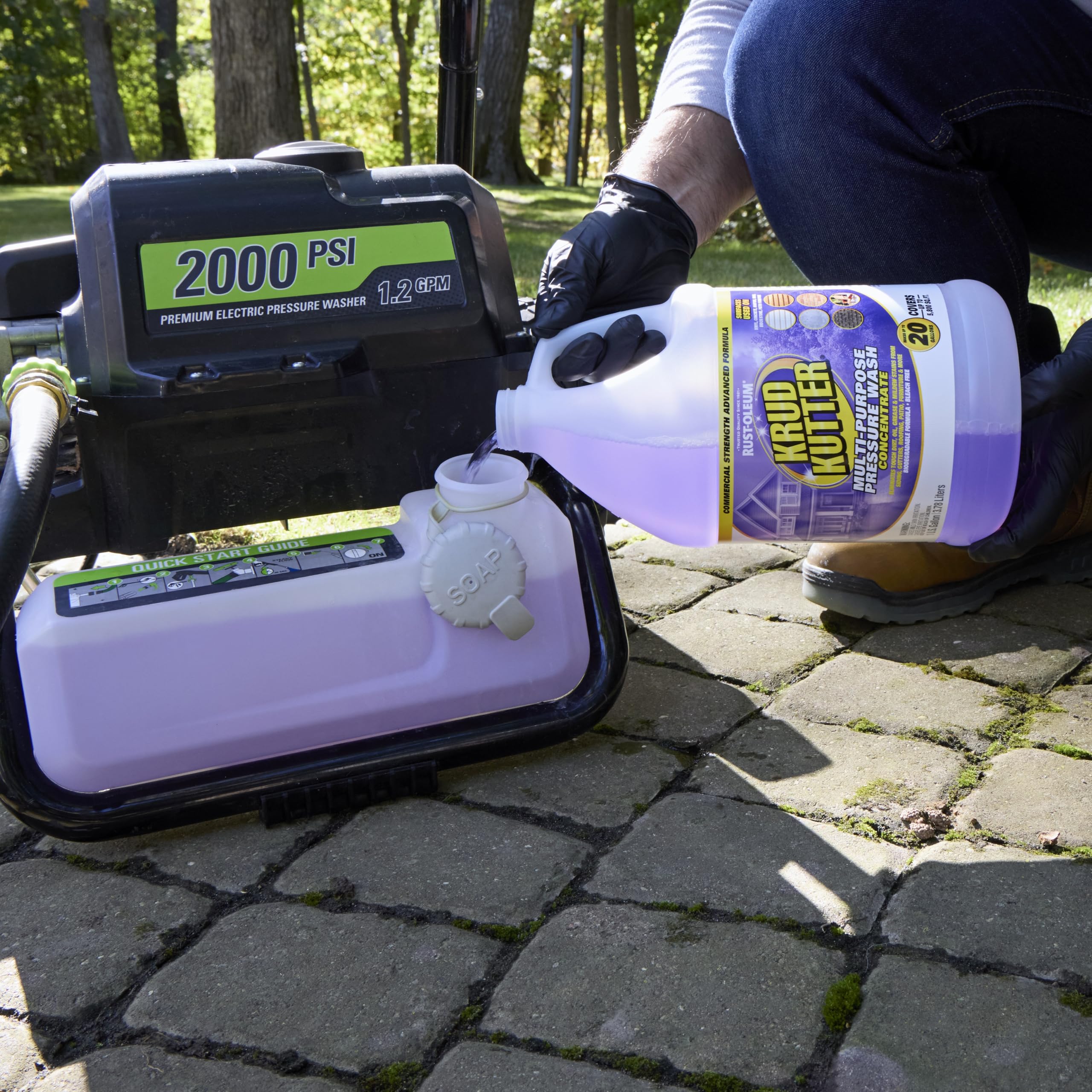 Krud Kutter being sprayed from a pressure washer on patio, speeds cleaning