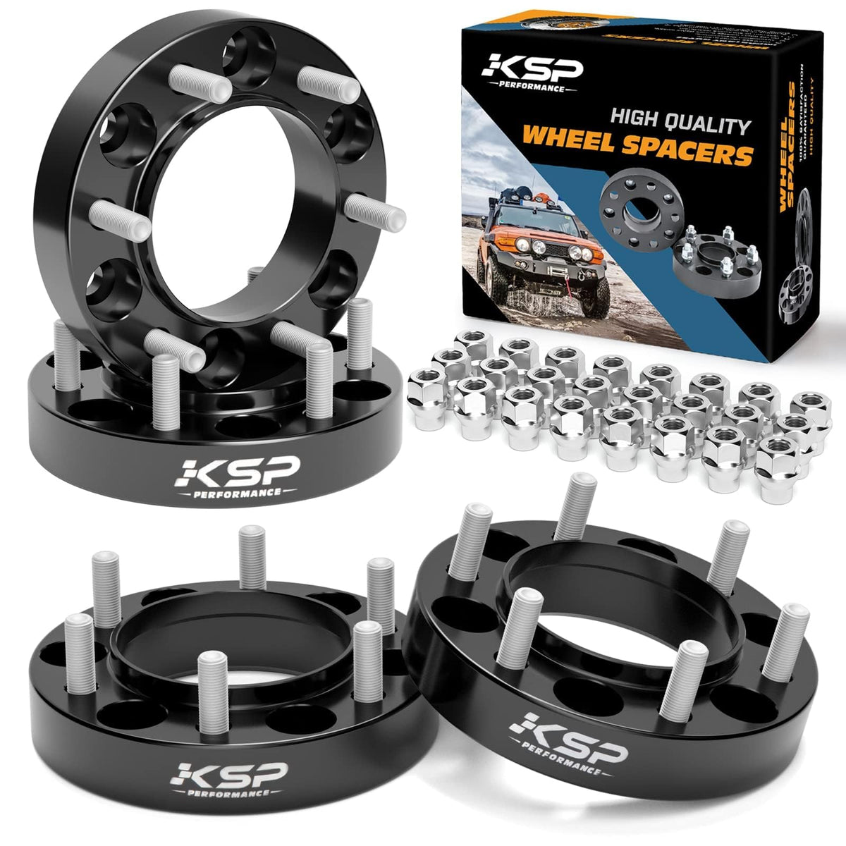 KSP PERFORMANCE front view of four black anodized spacers showing clean finishes and fitment benefit