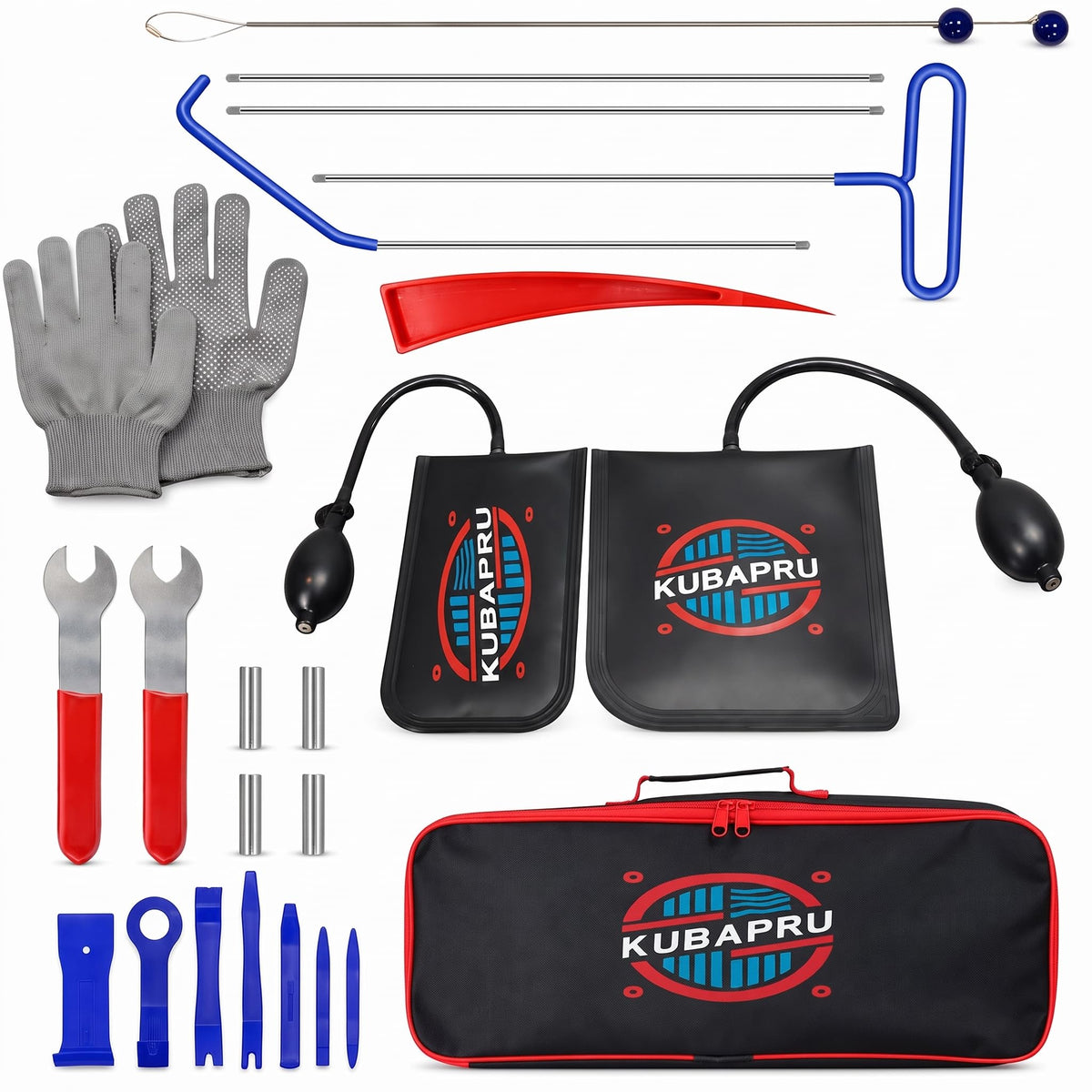 Kubapru front view of full 22-piece kit showing organized tools and bag for quick access