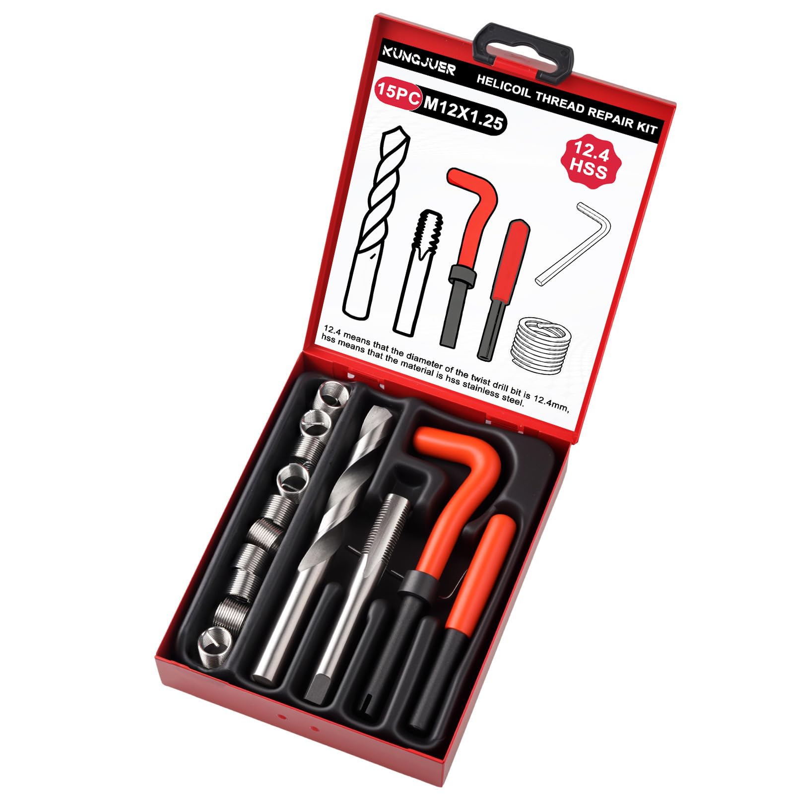 KUNGJUER front kit packaging showing all included M12x1.25 tools and case for quick identification