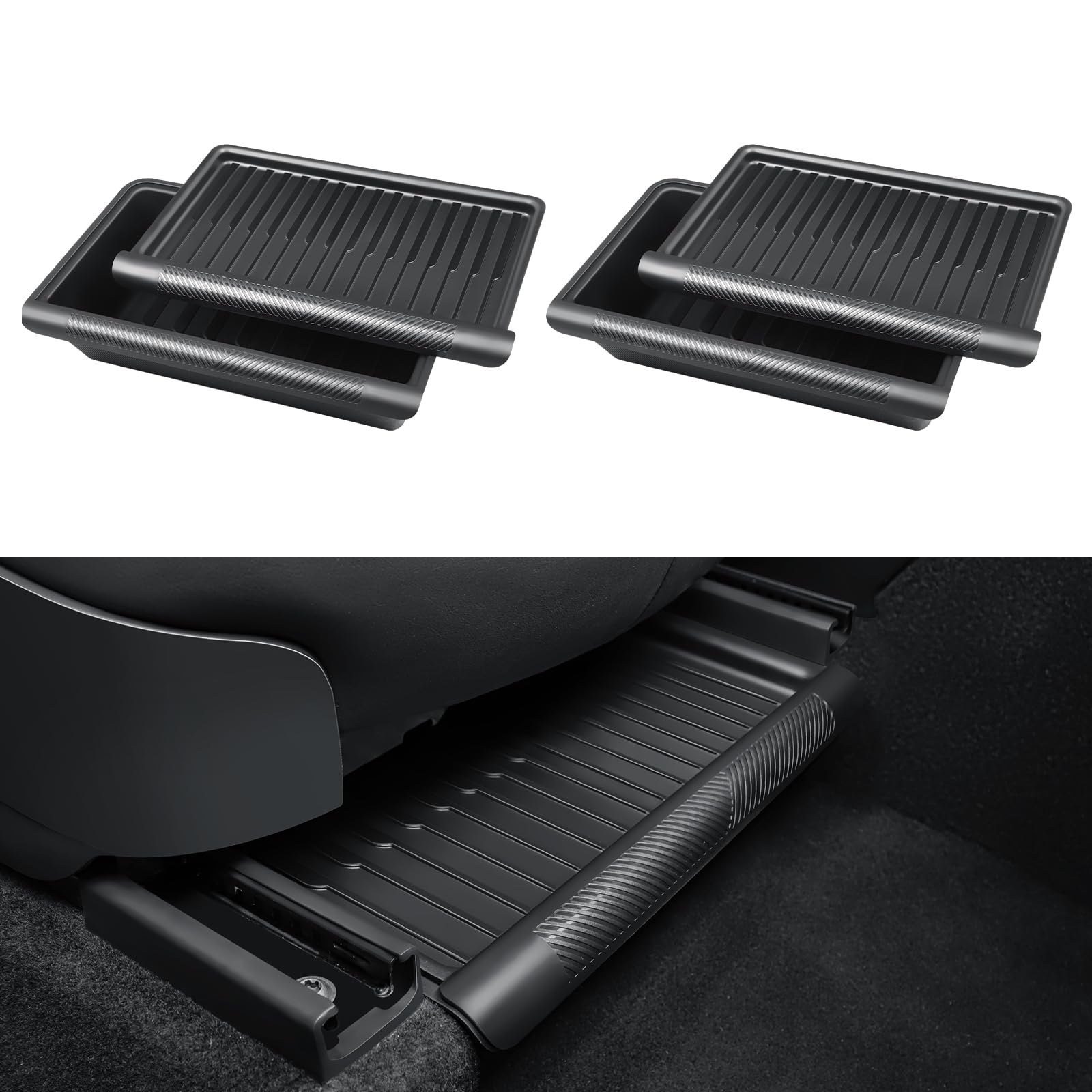 KUNIST front view of under seat storage boxes showing tidy organization benefit