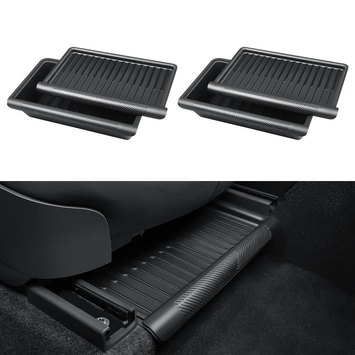 KUNIST front view of under seat storage boxes showing tidy organization benefit