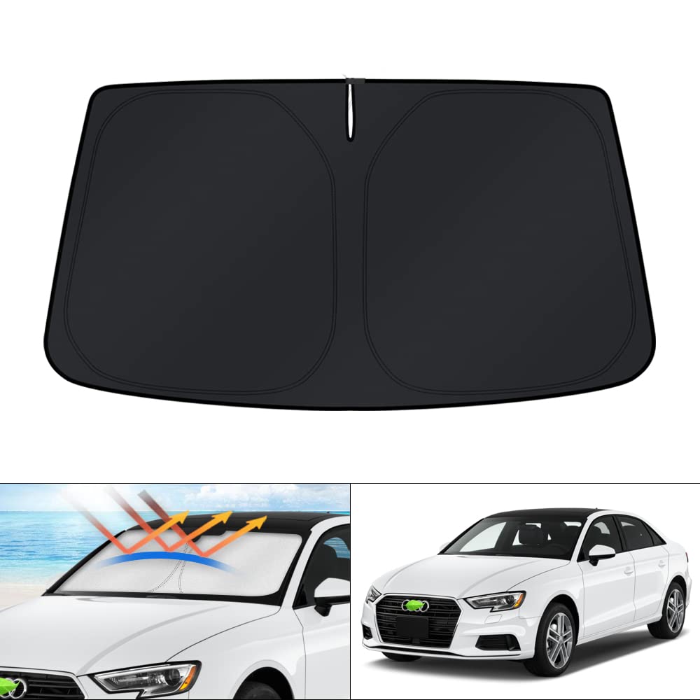 KUST front fit view showing precise Audi A3 windshield coverage and sun protection