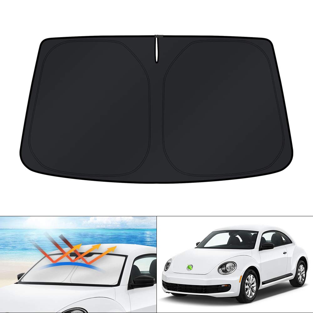 KUST front view of sunshade on Beetle windshield showing complete coverage and protection