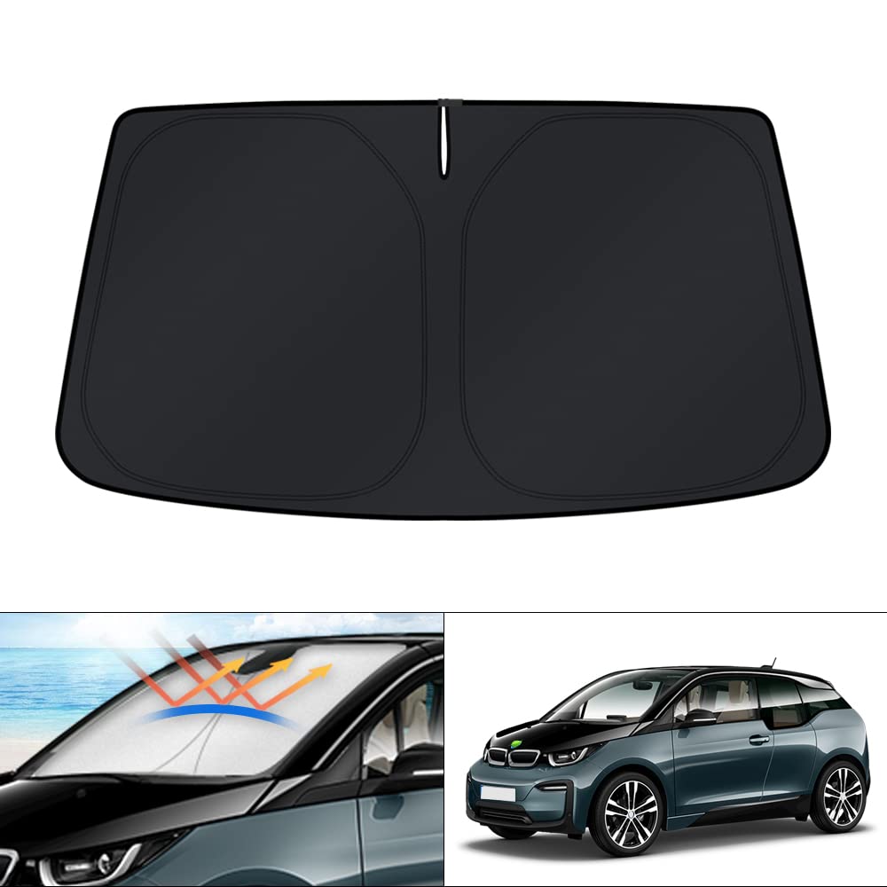KUST front-fit sun shade on BMW i3 windshield showing full coverage and UV protection