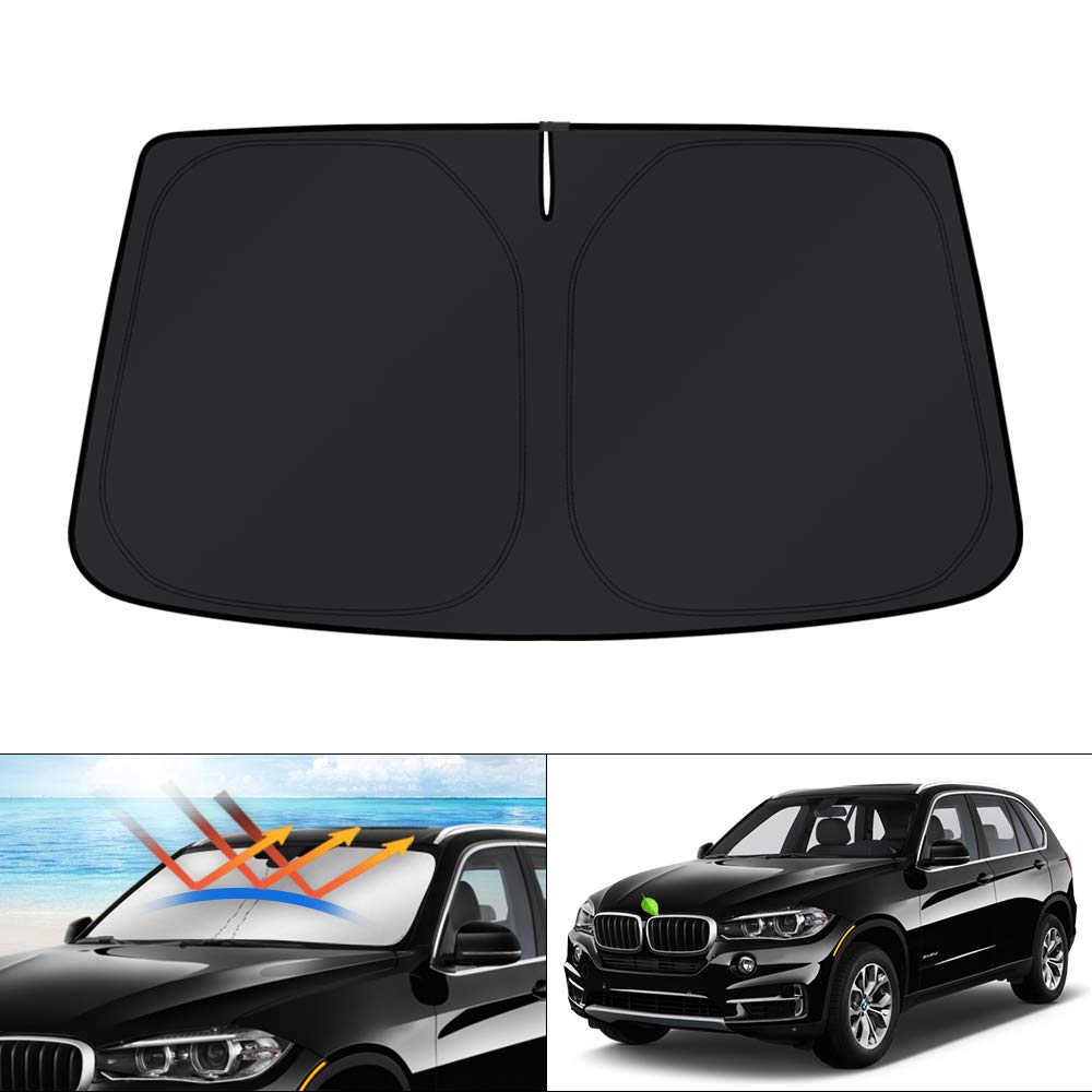 KUST front packaging view showing custom-fit X5 shade protecting windshield