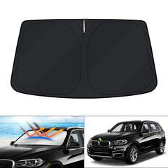 KUST front packaging view showing custom-fit X5 shade protecting windshield