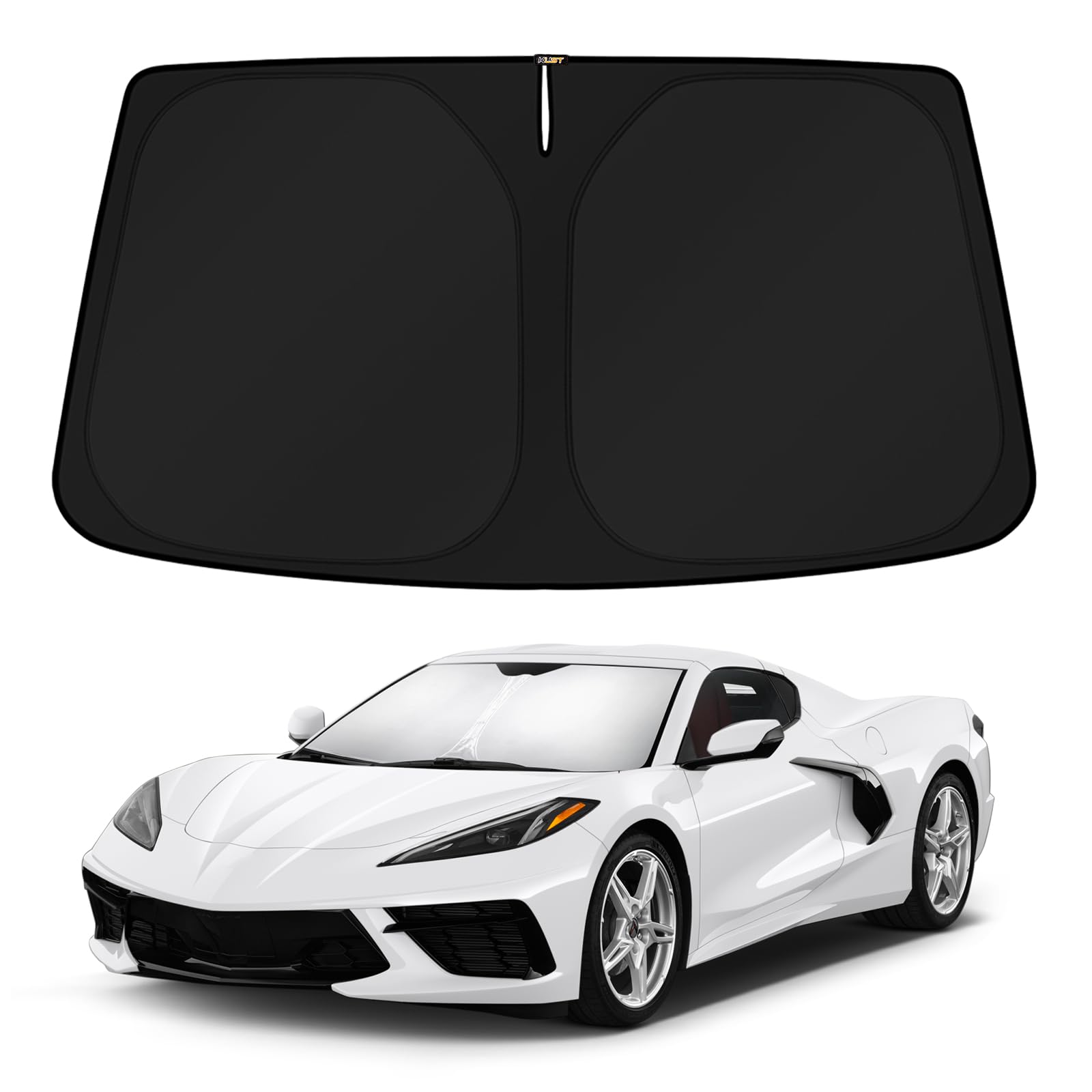 KUST front view of shade installed on Corvette C8 windshield, blocks sunlight