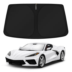 KUST front view of shade installed on Corvette C8 windshield, blocks sunlight