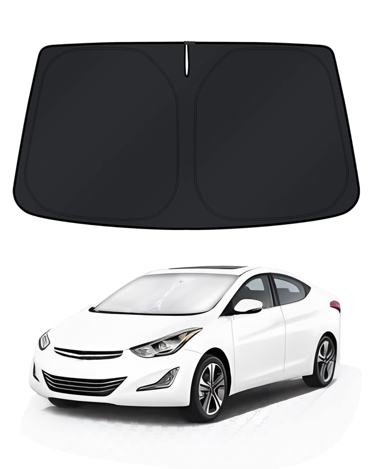 KUST sun shade installed in Elantra windshield showing full coverage and heat reduction