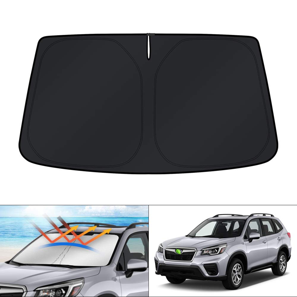 KUST custom-fit front sun shade on Subaru Forester windshield reducing cabin heat