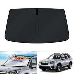 KUST custom-fit front sun shade on Subaru Forester windshield reducing cabin heat