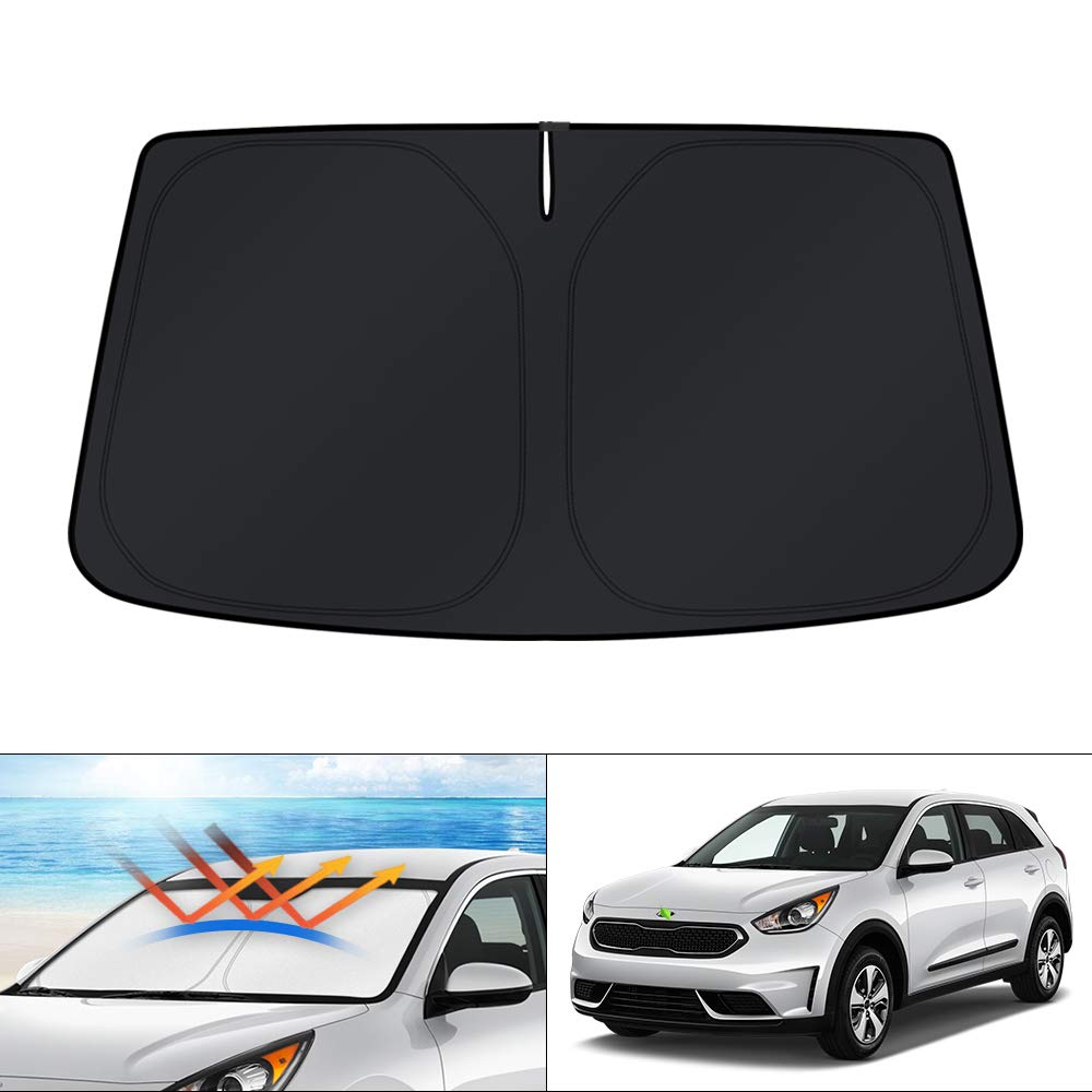 KUST front packaging showing custom-fit Kia Niro sun shade protecting interior