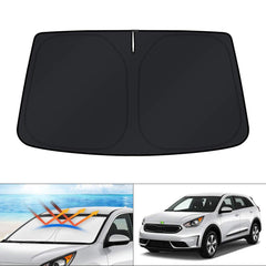 KUST front packaging showing custom-fit Kia Niro sun shade protecting interior