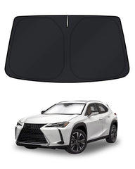 KUST sun shade front packaging showing fit for Lexus UX and easy selection benefit