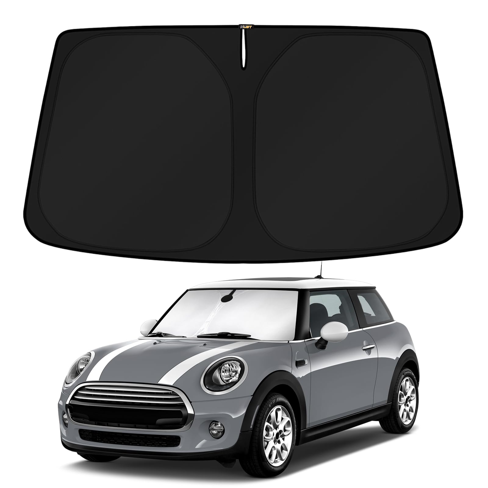 KUST front view showing custom-fit sun shade on Mini Cooper F55 windshield protecting interior