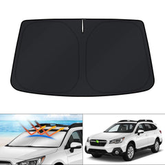 KUST sun shade front fit on Outback windshield showing full coverage and protection