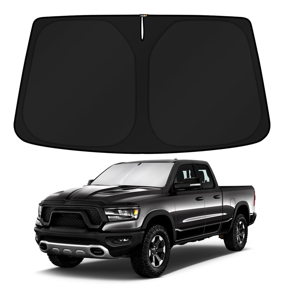 KUST front view of full windshield shade protecting truck interior