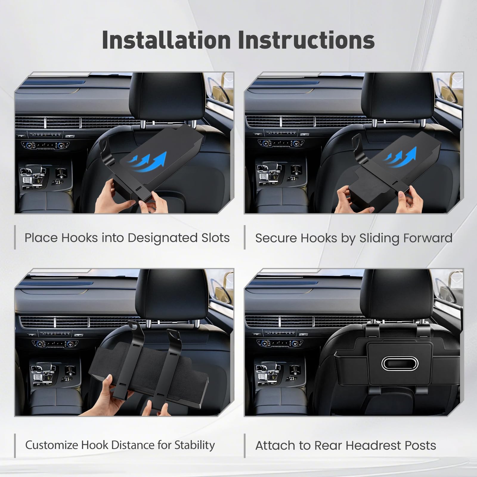 KVEKVE hooks attached to headrest for secure, tool-free installation