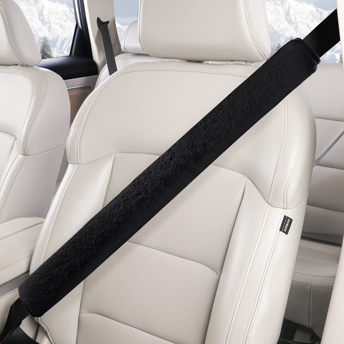 LACDL front view of black plush seatbelt cover showing sleek design and comfort