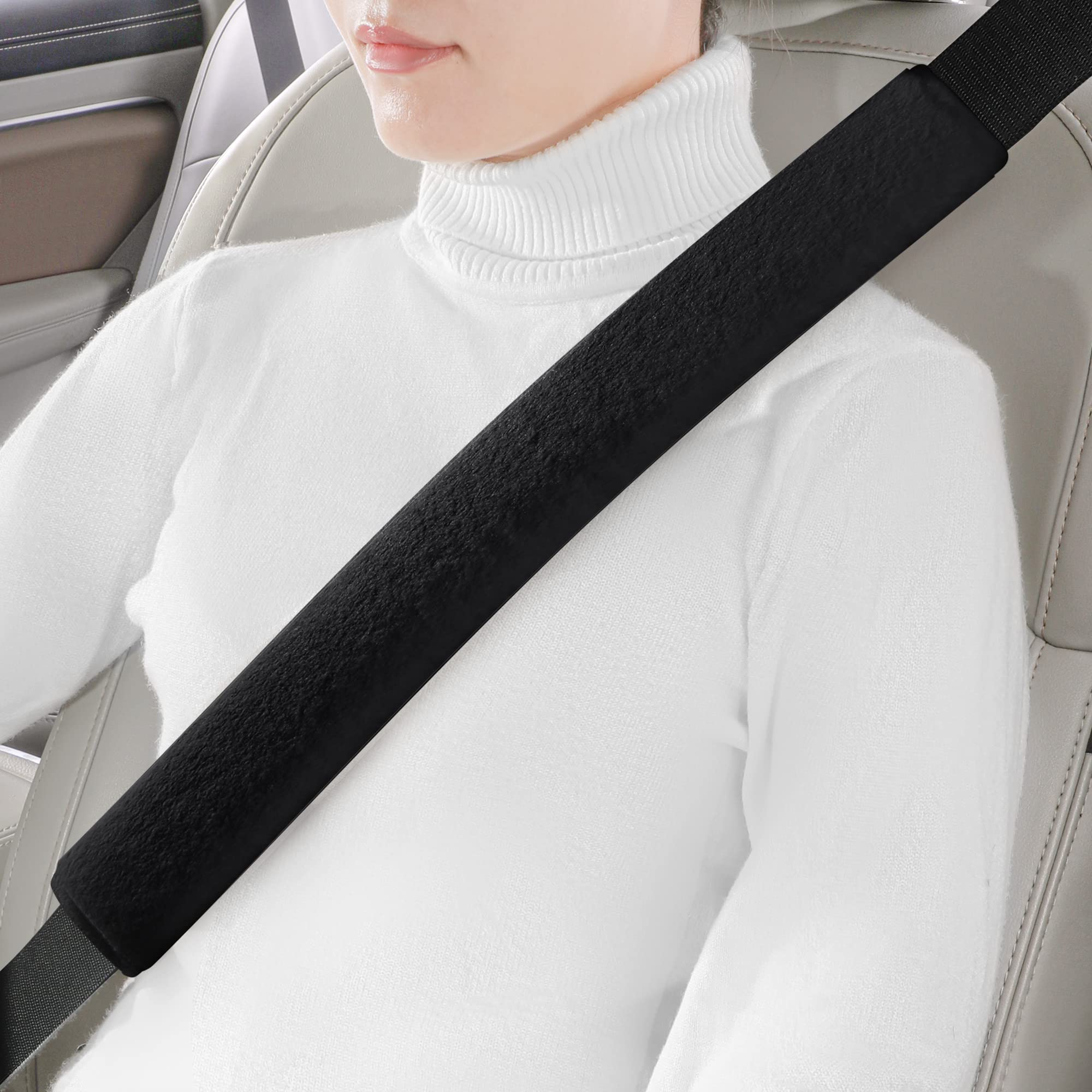 LACDL front view of black seatbelt cover shows flattering fit and comfort