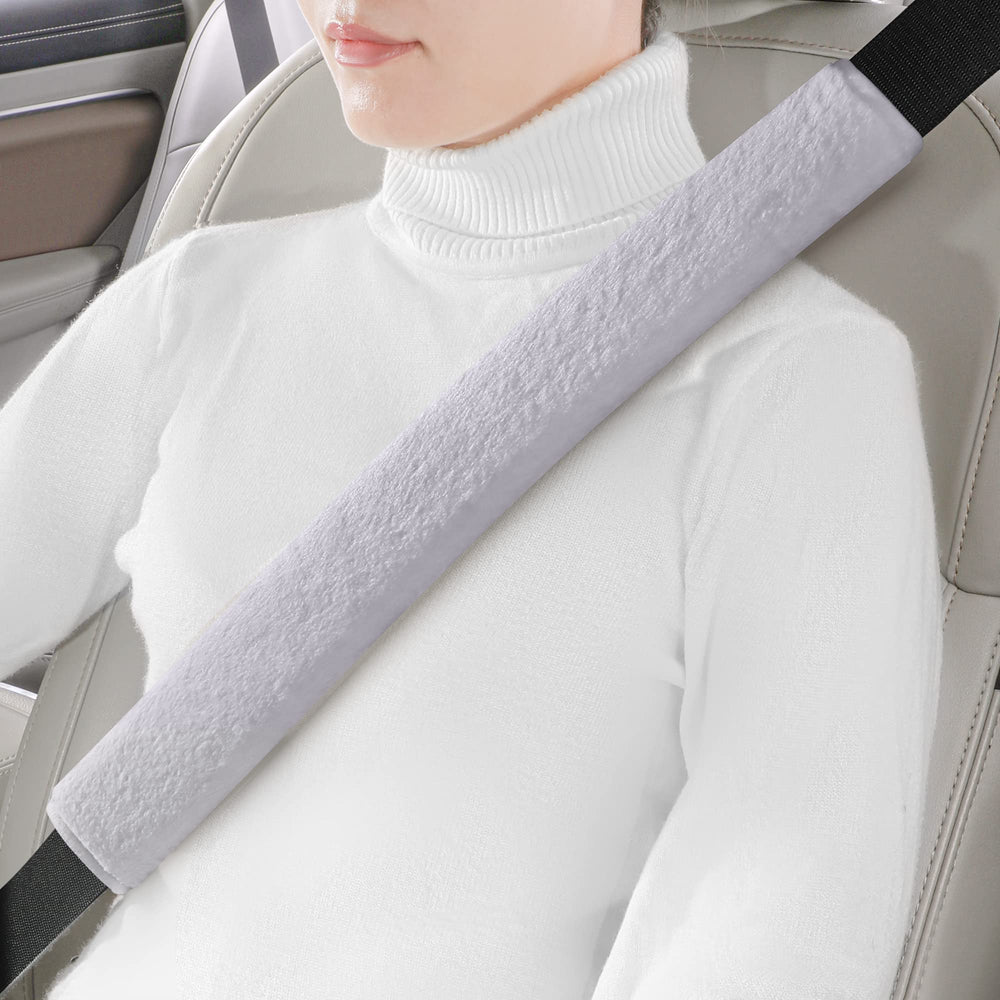 LACDL front view of grey plush seatbelt cover offering cushioned comfort