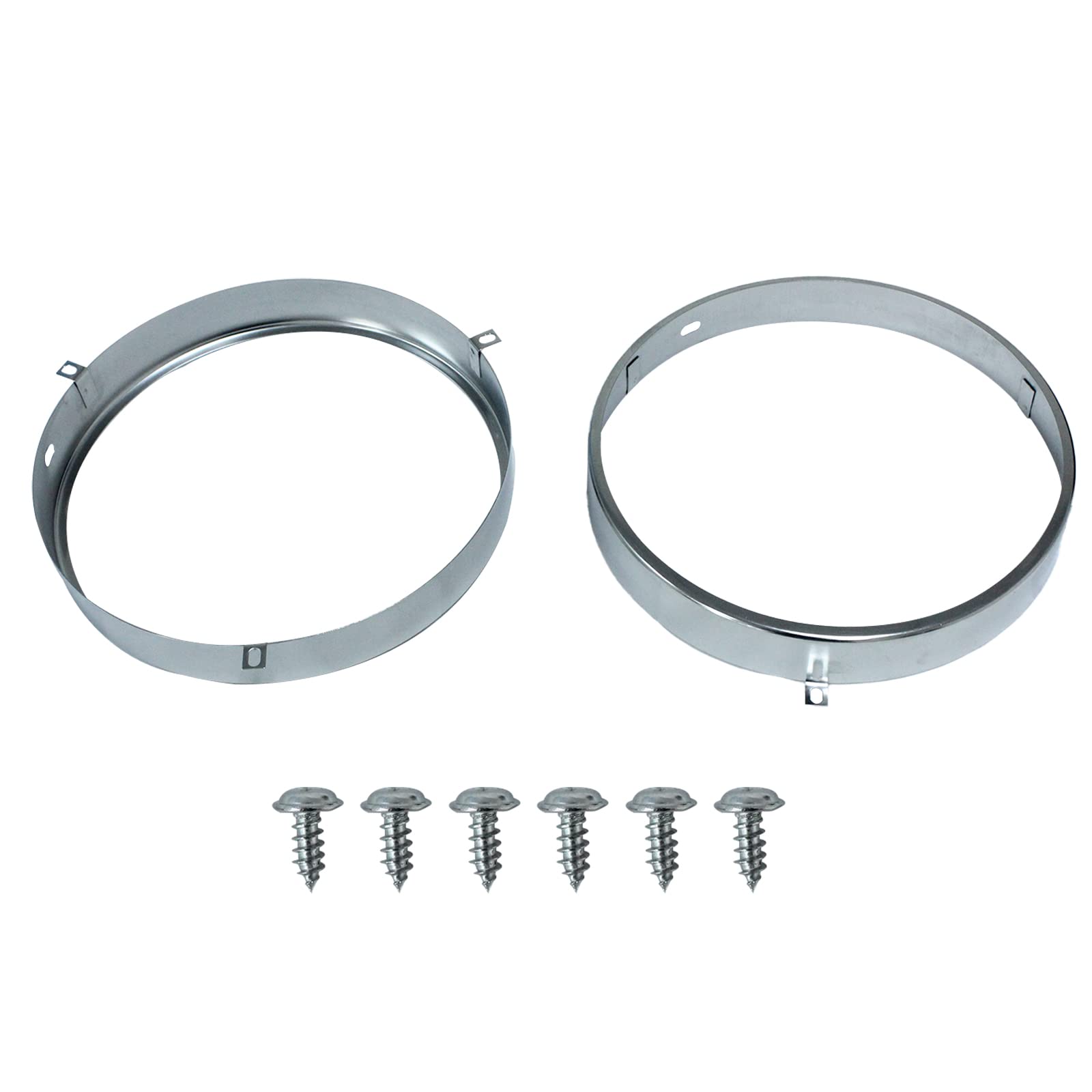 LAFORMO front view of two silver 7-inch headlight retainer rings showing complete set and packaging benefit