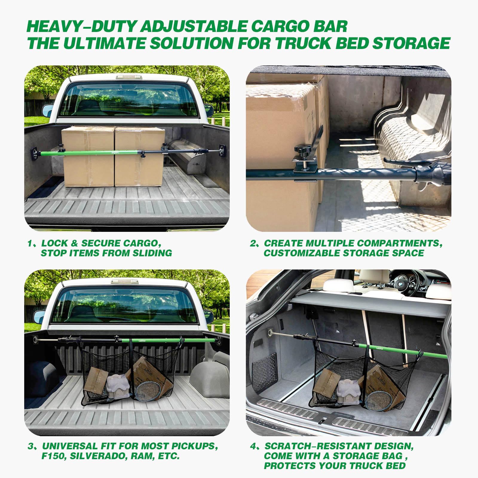 Lakfus two divider bars installed across a truck bed creating organized storage zones