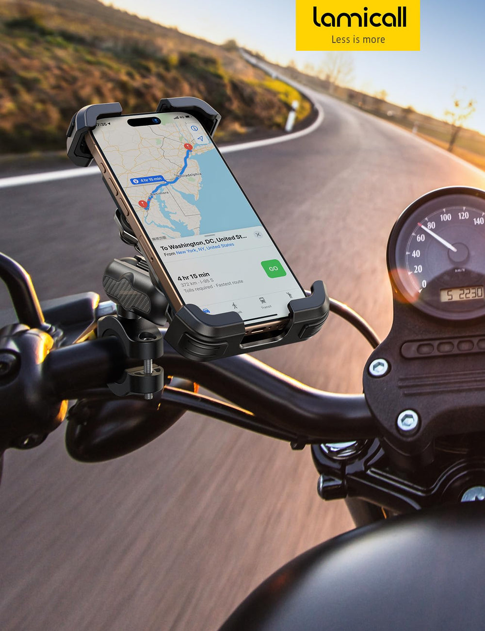 Lamicall lifestyle ride shot showing mounted phone for navigation and hands-free control