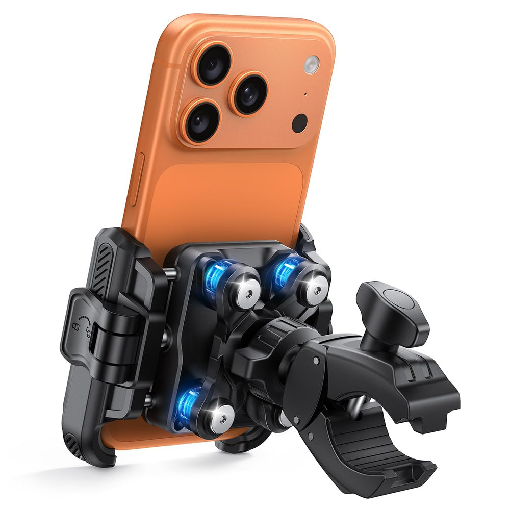 Lamicall front view of motorcycle phone mount showing sturdy hold benefit