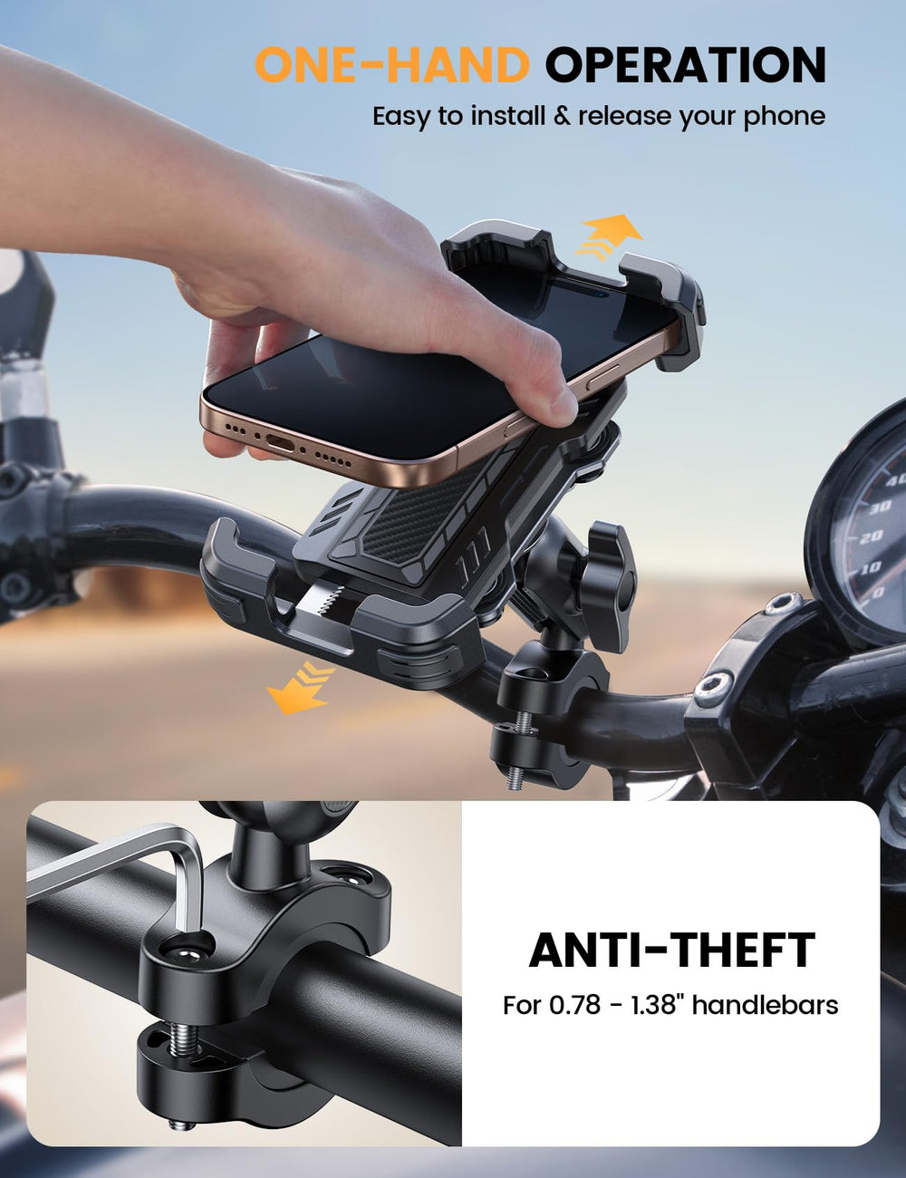 Lamicall mounted on handlebar demonstrating secure fit and anti-theft clamp benefit