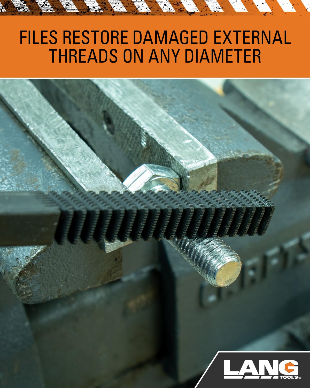 Lang Tools kit in use on a bolt demonstrating restored threads for reliable fastener engagement