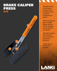 Lang Tools tool in use on a twin-piston caliper demonstrating safe piston compression during service