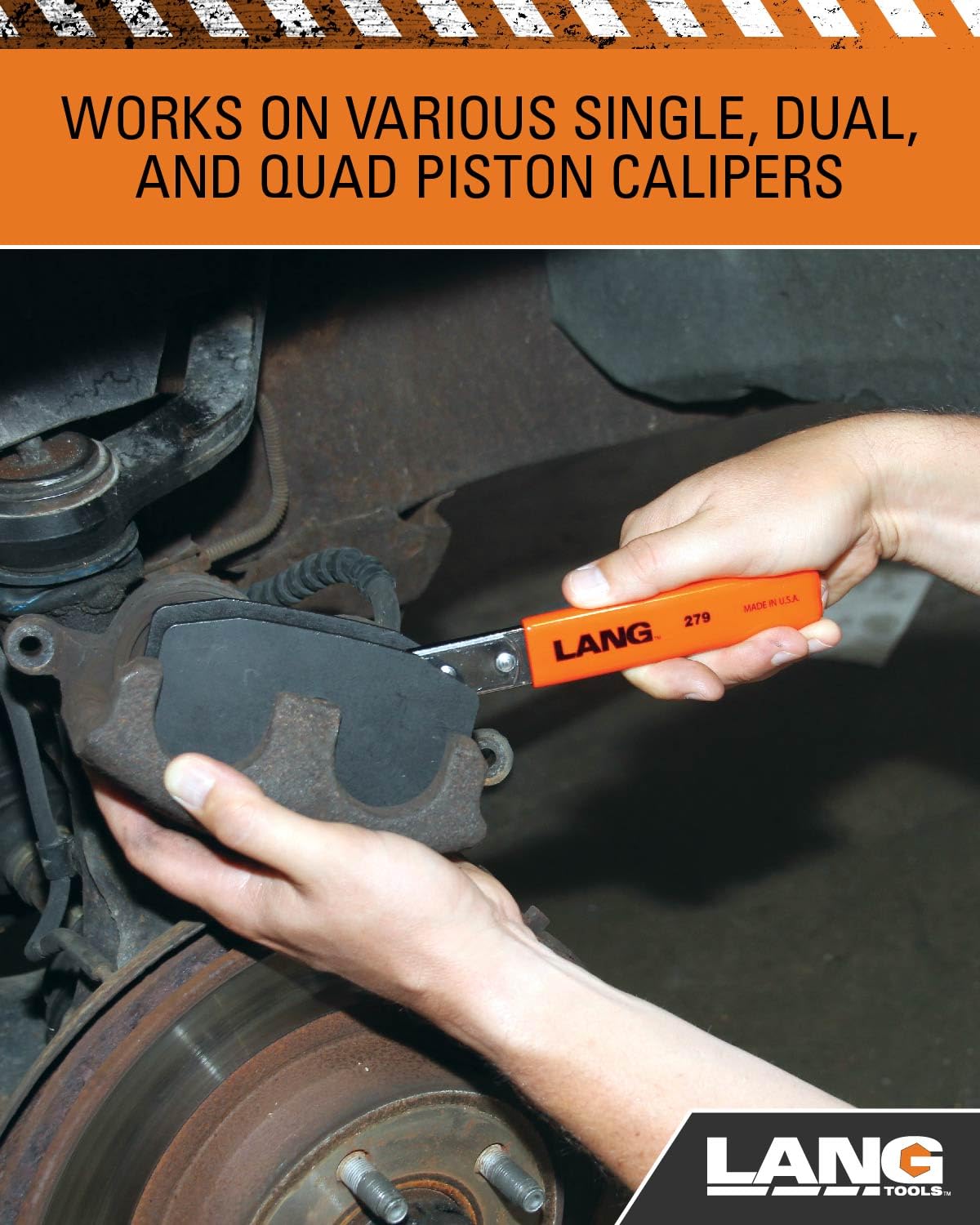 Lang Tools caliper press next to a ruler for scale showing compact size and garage convenience