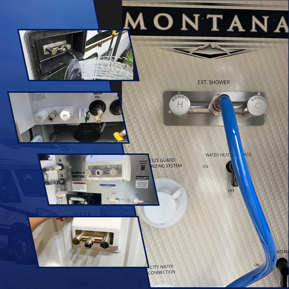 Langina quick connect used for pet bathing at outdoor shower showing convenience and tool-free operation