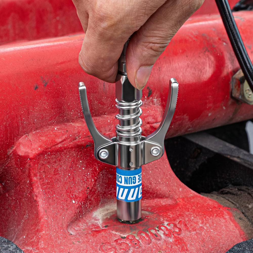 LANNIU coupler connected to grease gun illustrating universal compatibility benefit