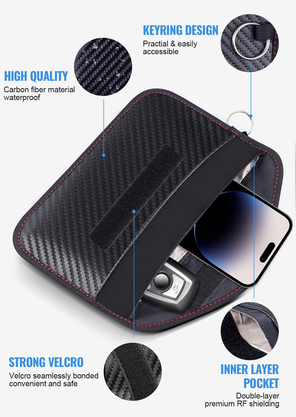 lanpard pouch with car keyfob inside demonstrating anti-theft signal blocking