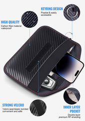 lanpard pouch with car keyfob inside demonstrating anti-theft signal blocking