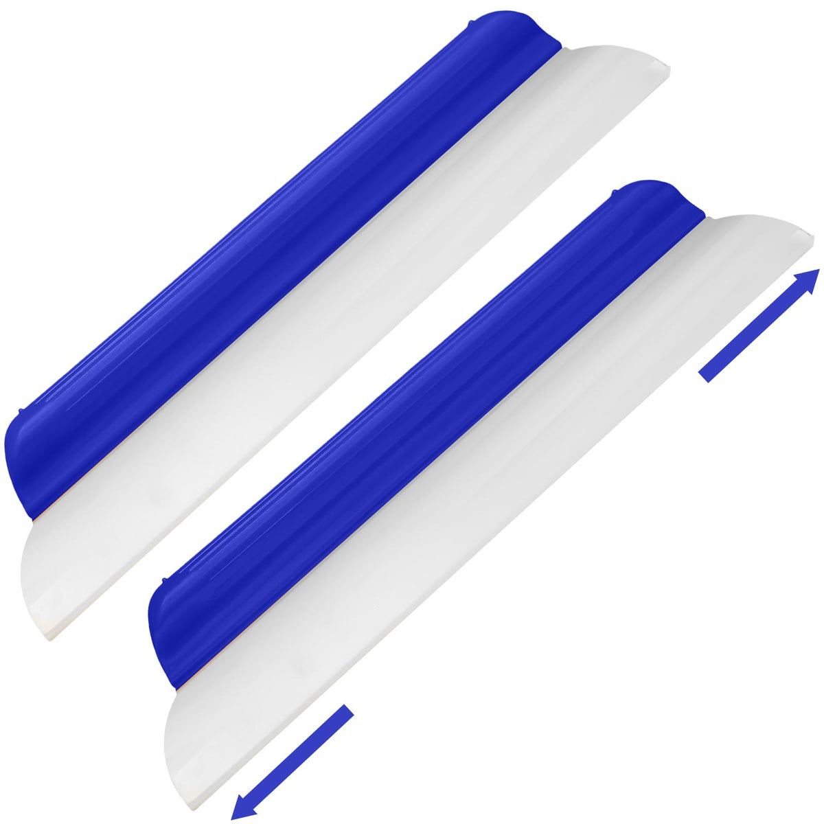 Lanties front view of two blue 14-inch squeegees showing packaging and blade benefit