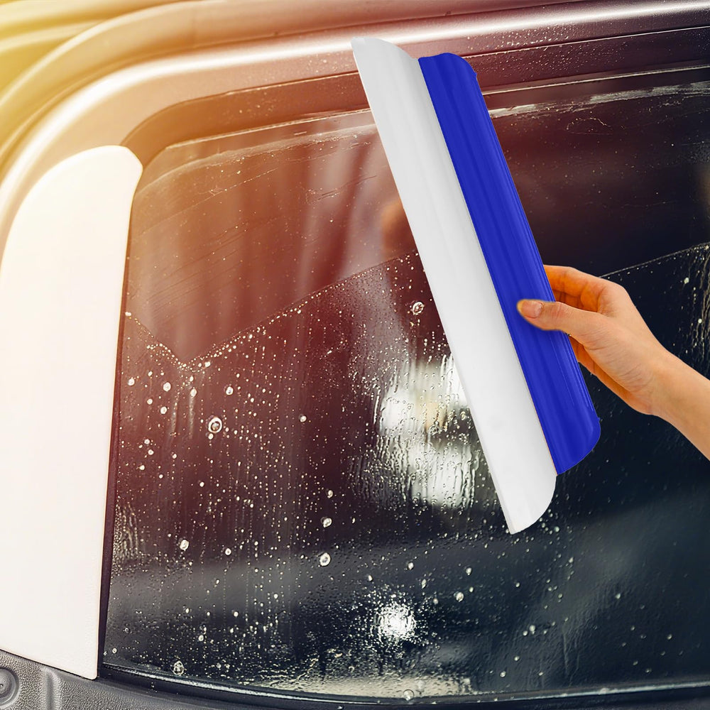 Lanties squeegee next to hand demonstrating 14-inch size and easy control