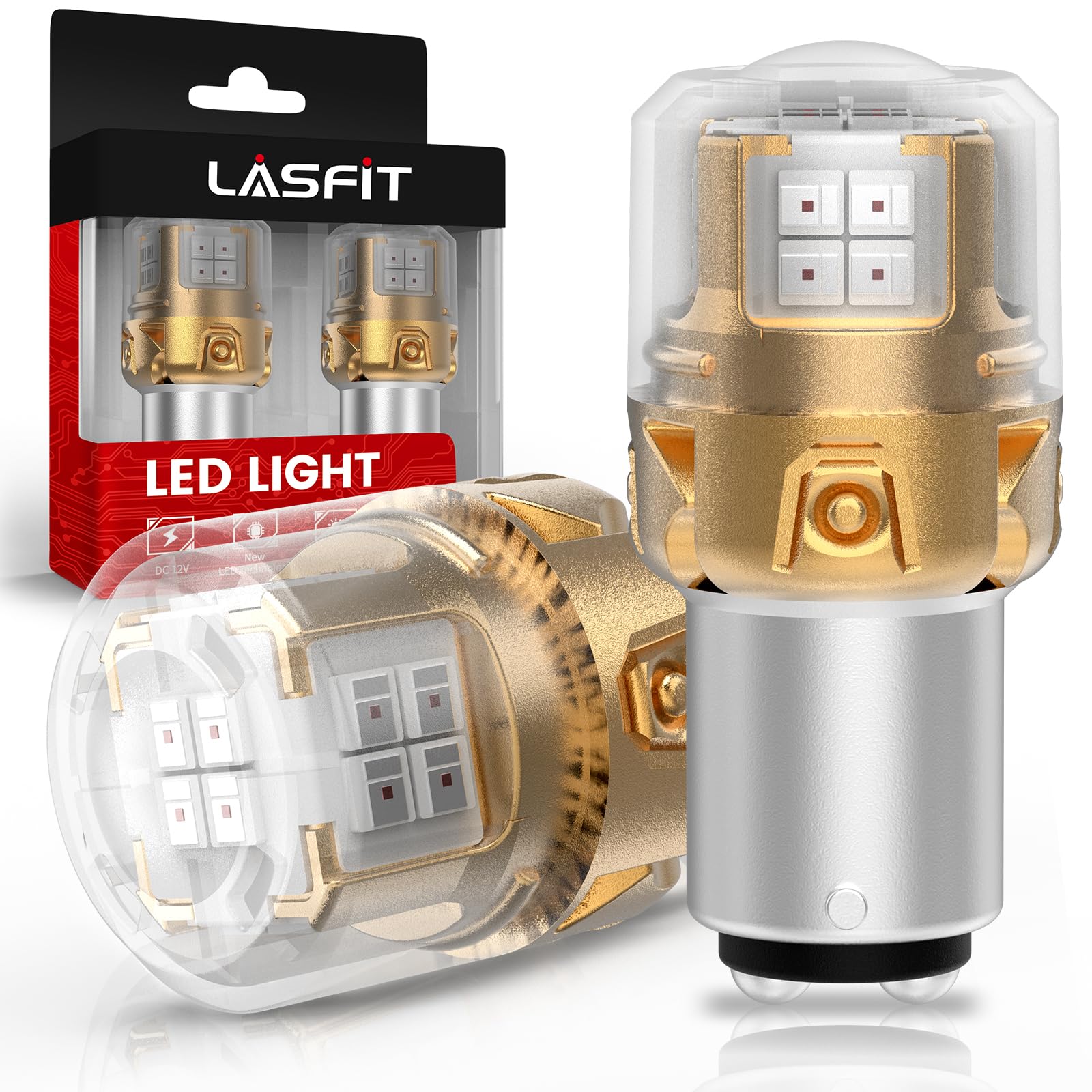 LASFIT 1157 front view showing red LED lenses and quick installation benefit