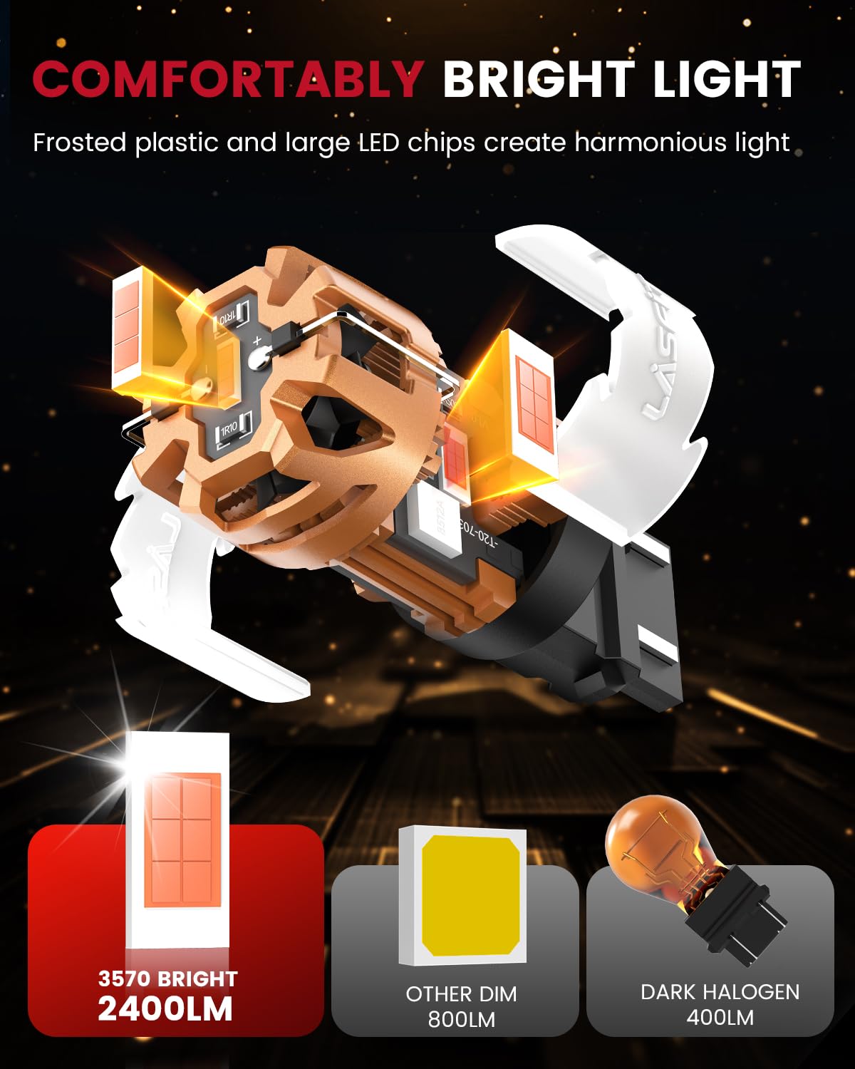 LASFIT bulb illuminated on vehicle at night showing enhanced rear visibility