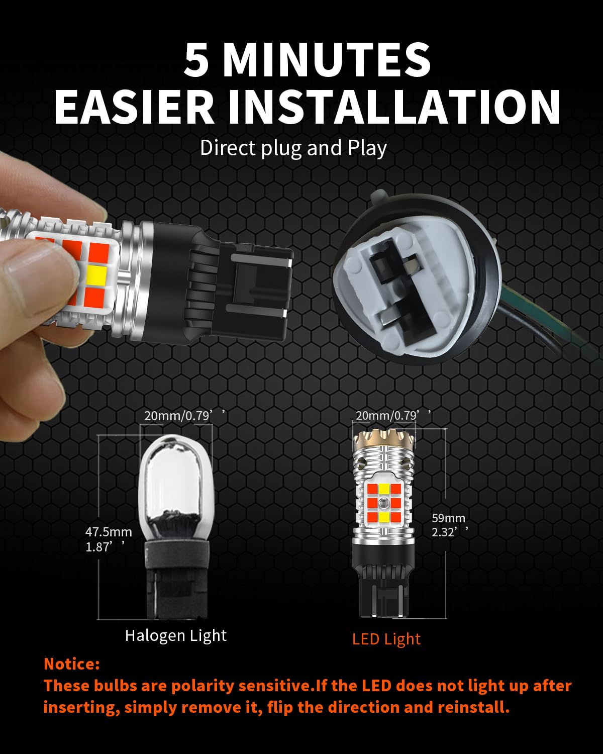 LASFIT bulb held in hand next to ruler to show scale and easy install benefit