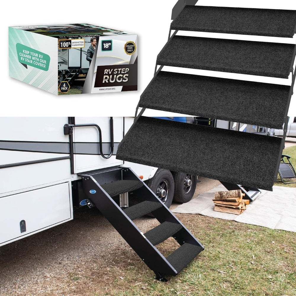 LATCH.IT front packaging showing four RV step covers and installation kit, convenience benefit