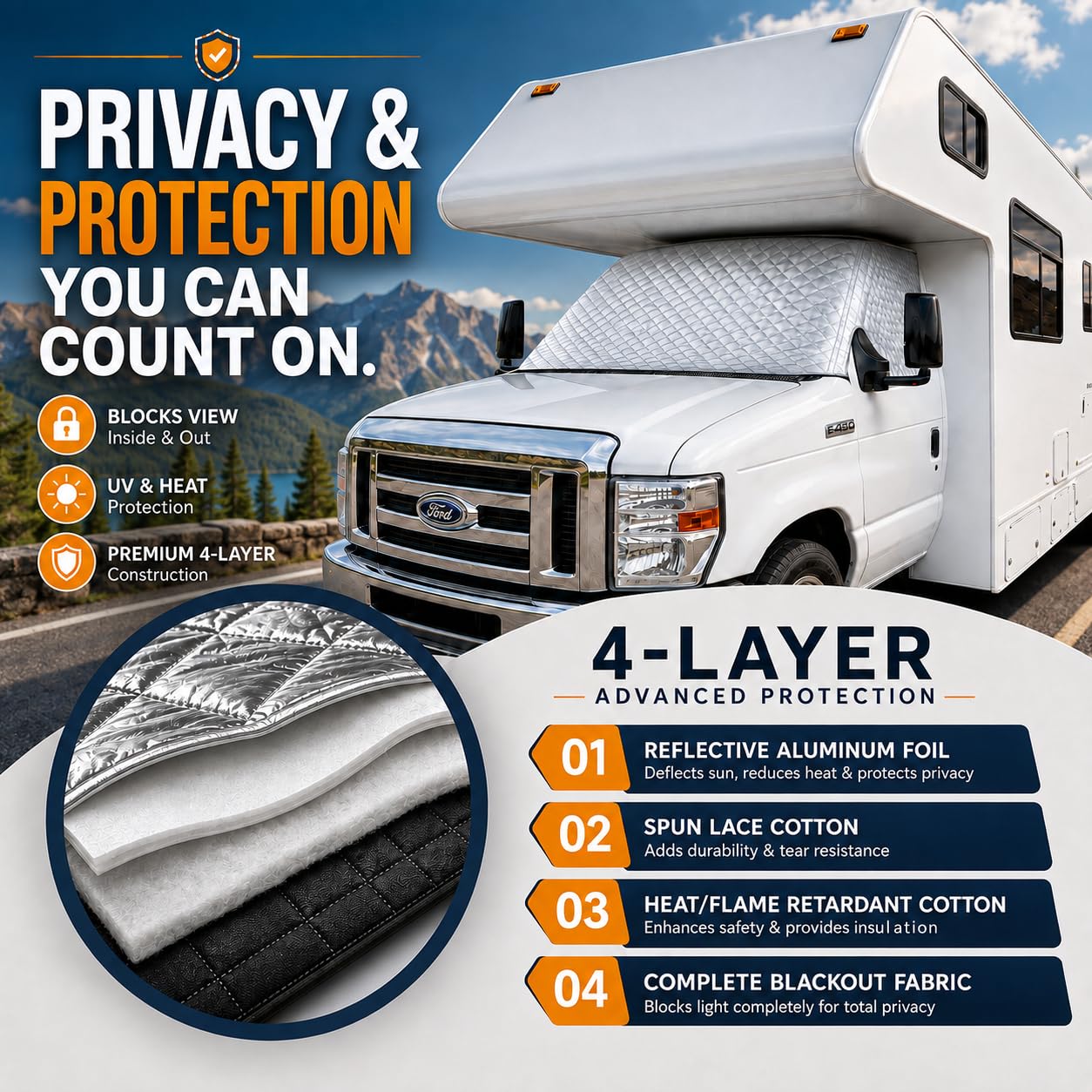 LATCH.IT cover on parked Class C at campground providing privacy and shade