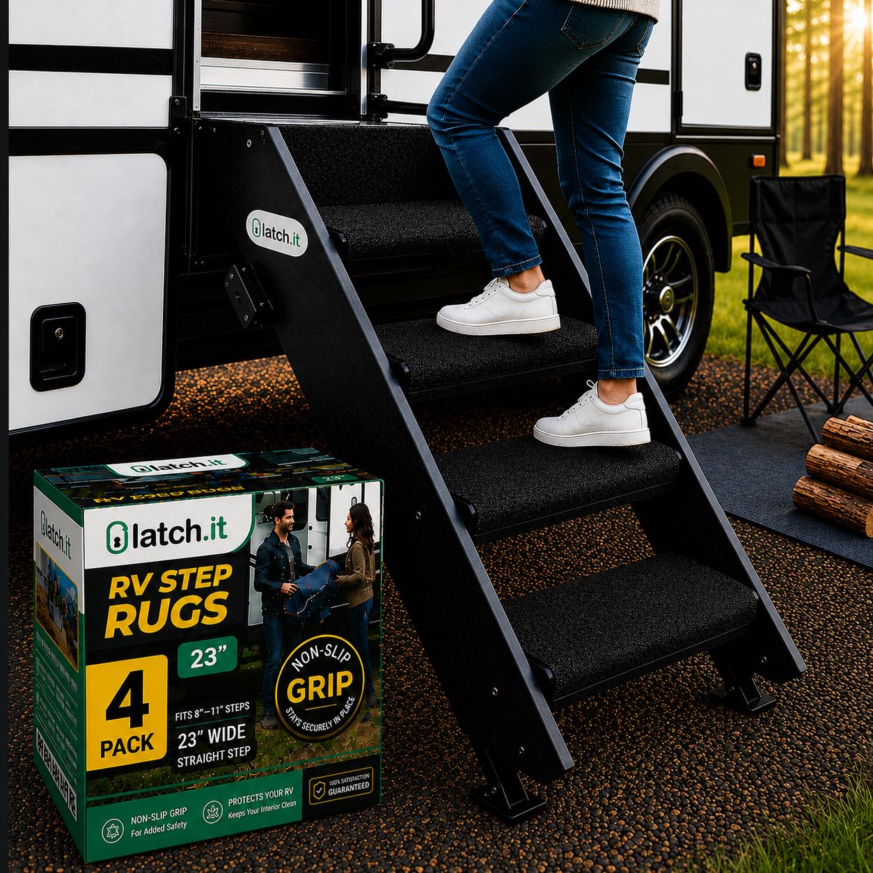 LATCH.IT front packaging showing four RV step covers and included springs benefiting quick setup