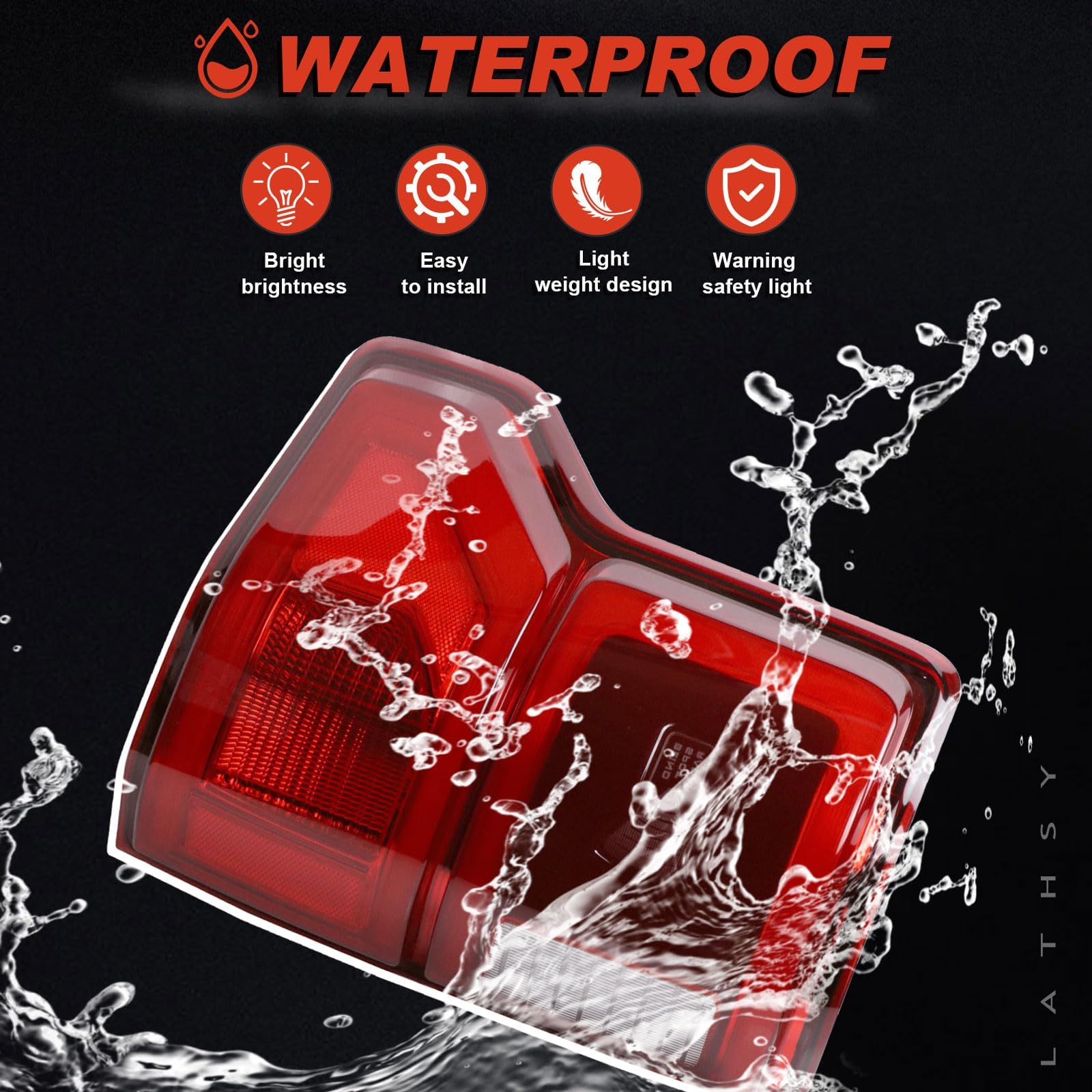 Lathsy tail light packaged with warranty card showing purchase reassurance