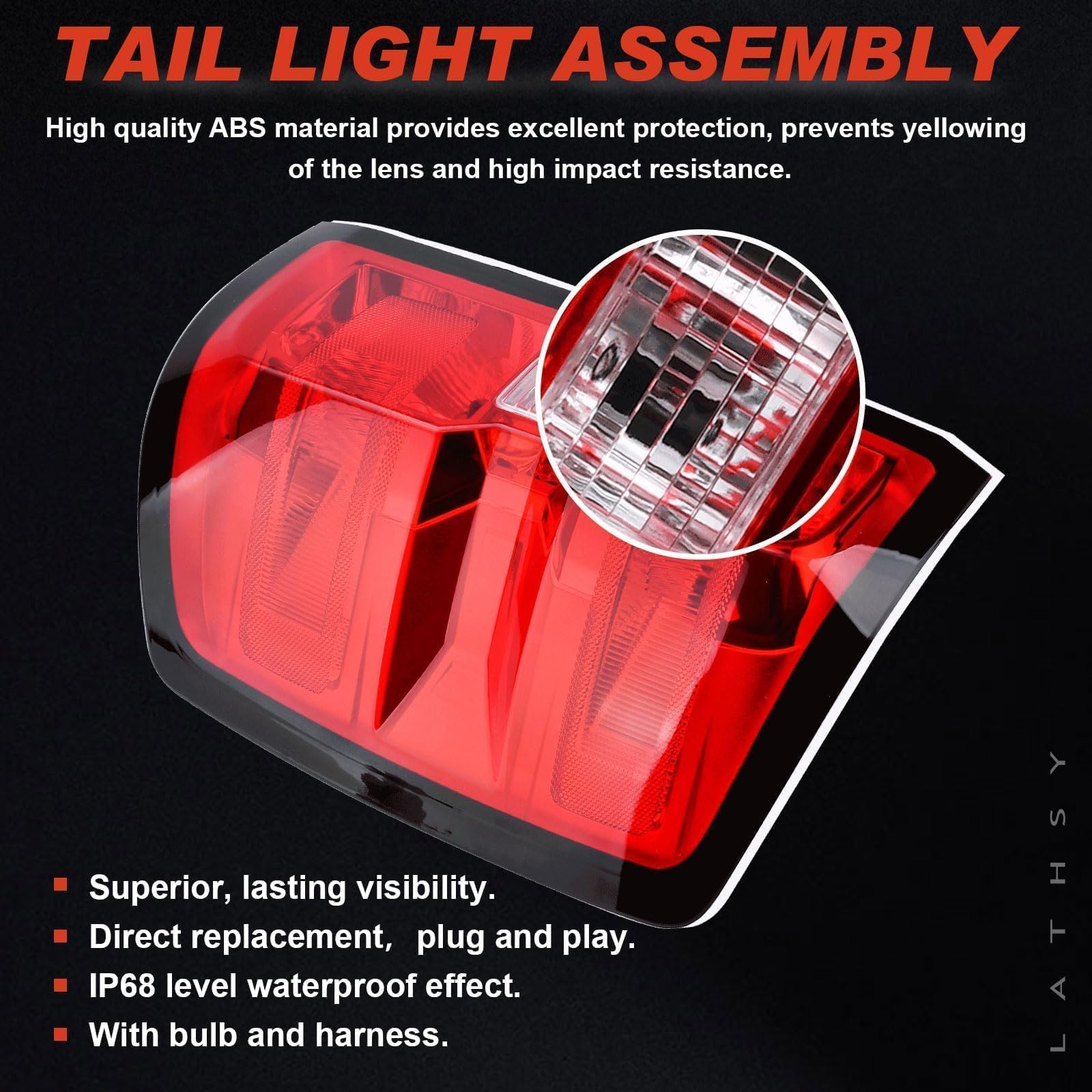 Lathsy tail light next to ruler showing dimensions for confident sizing benefit